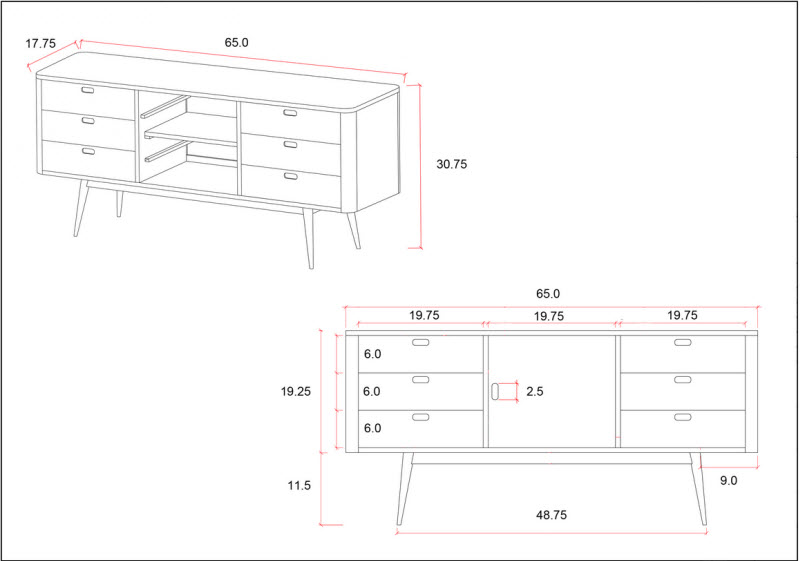 Fifties Dresser - Danish Honey - HL-FIF-TK-DH-6DR